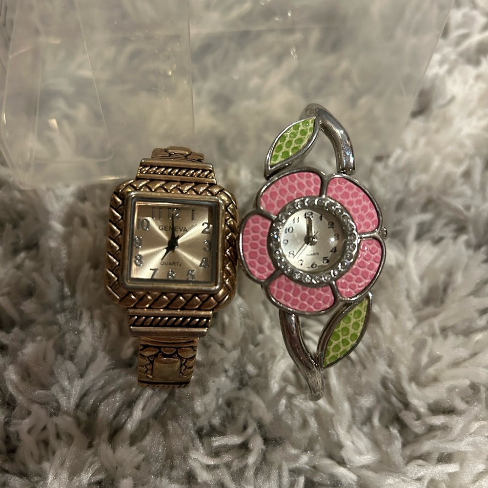 * TWO* Women’s Watch Set: Gold Watch with Design and Pink Floral Design Watch